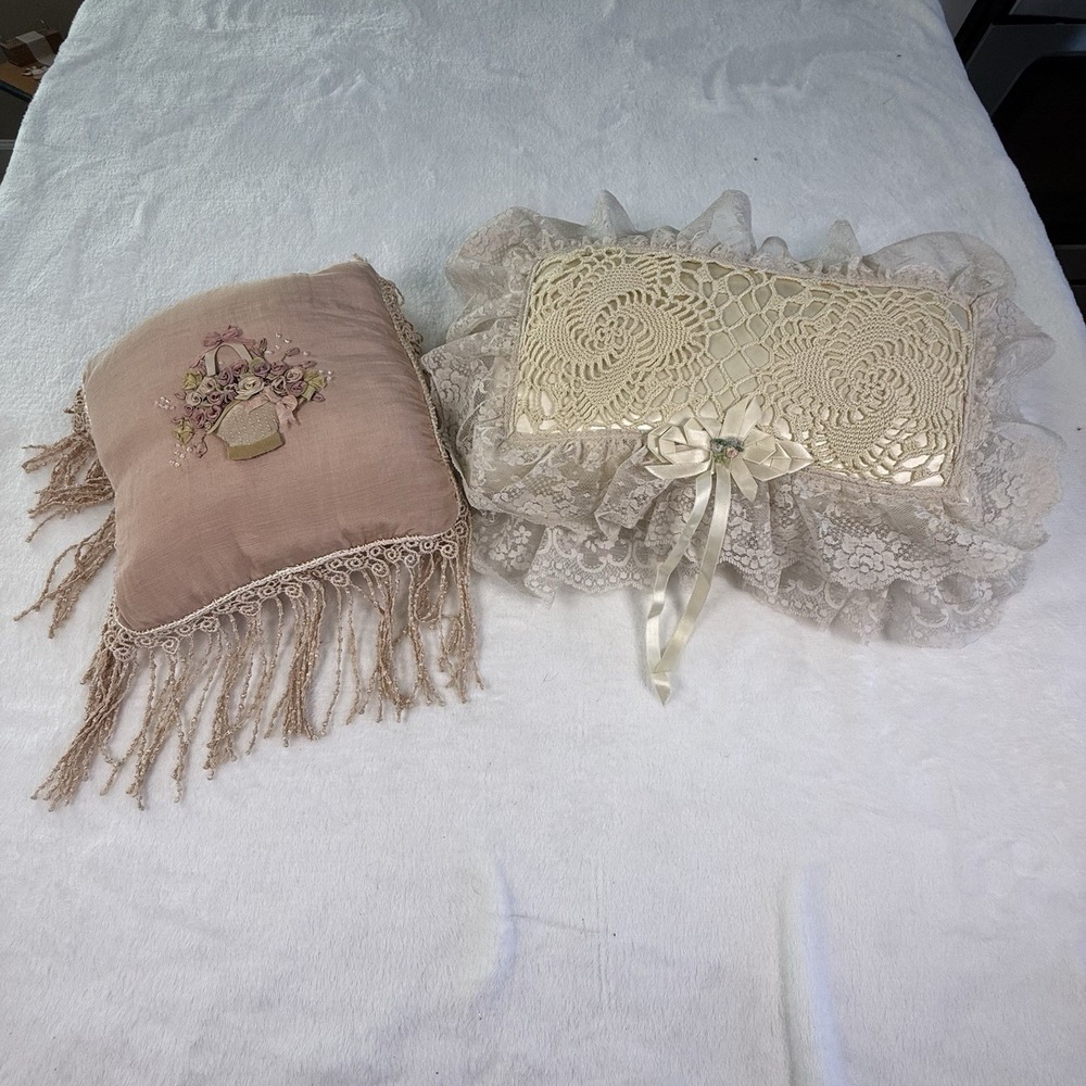 Vintage Boudoir Pillow Pair Ribbonwork Roses Lace Crochet Victorian Style
